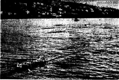 Hutchins School (far left) at the finish of the 1930 Head of the River (Source: The Mercury, 28 April 1930)